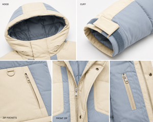 เสื้อแจ็คเก็ตพัฟเฟอร์แบบมีฮู้ดสำหรับผู้ชาย OEM กันลม อุ่นสบาย บุด้วยผ้าควิลท์ สีสันตัดกัน เสื้อคลุมฤดูหนาว โพลีเอสเตอร์/ไนลอน ปักลายปักแบบกำหนดเองได้ - Product Image 4
