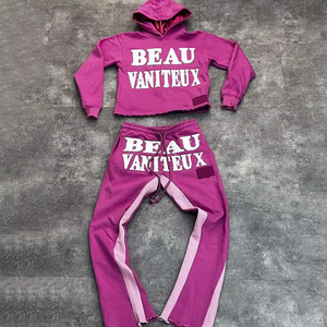 Ensemble de survêtement personnalisé imprimé avec pantalon évasé, sweat à capuche oversize en coton épais et joggers évasés pour femme - Product Image 6