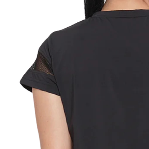 T-shirt de sport d'été pour femme en jersey noir, respirant, à manches courtes, avec dentelle et détails plissés, idéal pour la gym, l'entraînement, la course et le fitness - Product Image 4