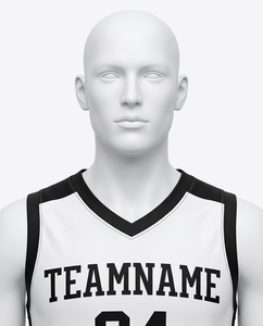 Ensemble de maillots de basket-ball personnalisés, blanc, noir, orange, nom de l'équipe, numéro 04, sublimé, séchage rapide, sans manches, col en V, coupe athlétique pour hommes - Product Image 4
