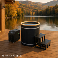 Baignoire ronde composite pour bain de glace, finition grain de bois WPC noir, revêtement en acier inoxydable 304, bain froid avec refroidisseur et marches