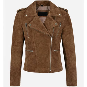 Women's Brown <b>Suede</b> Moto <b>Jacket</b> Full Sleeve Turn-down Collar Zipper Closure Autumn Style Sample Service Available - Product Image 4