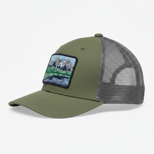 Unisex Olive Green Mesh Sublimation Printed Baseball Cap with Mountain Patch Outdoor Casual <b>Hat</b> <b>Summer</b> Adult Breathable Cotton - Product Image 1