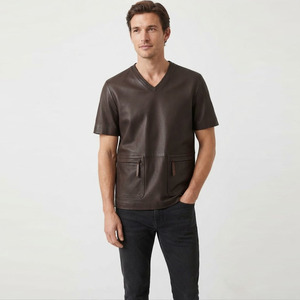 Camiseta de Diseño para Hombre, Cuello en V, Manga Corta, Cuero Vacuno Genuino, Estilo Casual, con Doble Bolsillo Frontal, Cuero Suave - Product Image 1