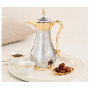 New Arrival Luxury <b>Arabic</b> Coffee Dallah Wall Stainless Steel Vacuum <b>Tea</b> Pot With Hammered Silver Finish and Gold Plated Handle - Product Image 4