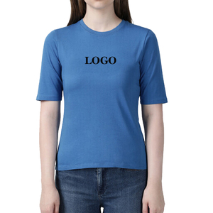 Camiseta de Manga Corta con Cuello Redondo para Mujer, Color Azul Sólido, Informal, Transpirable, Corte Regular, 100% Algodón Jersey, Tejido de Punto, para Todas las Temporadas - Product Image 1