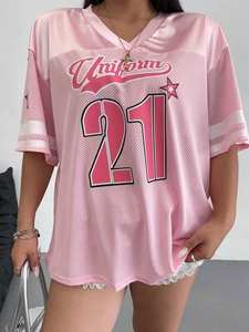 Jersey Deportivo Personalizado para Mujer, Color Rosa, Talla Grande, Malla Transpirable, Cuello en V, Estilo Urbano, Fabricación OEM al por Mayor - Product Image 5