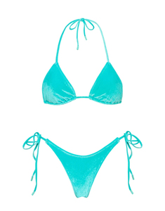 Women's Turquoise Bikini Set Solid Color Halter <b>Top</b> Tie Side Bottoms Stretch Swimwear Regular Fit Knitted Spandex Polyester - Product Image 4