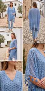 Blue Floral Woven Digital Printing V-Neck Boho Chiffon Maxi <b>Dress</b> with Tassel Hem <b>Loose</b> Sleeveless Summer Casual - Product Image 4