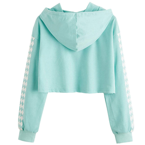 Sudadera Corta con Capucha para Mujer, 100% Algodón, Color Verde Menta, con Patrón Geométrico en las Mangas, Estilo Casual, para Otoño, OEM - Product Image 2