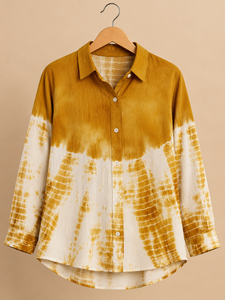 Women's Tie Dye Chiffon Shirt <b>Long</b> Sleeve Button Down Loose Fit Casual Spring Summer <b>Top</b> Yellow <b>White</b> Pattern - Product Image 3