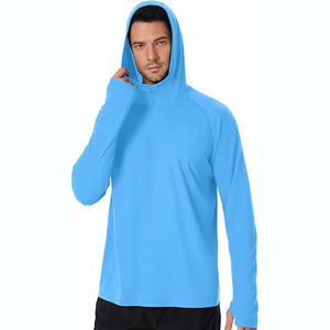 Camiseta de Manga Larga con Capucha Azul para Hombre, de Poliéster, Absorbente de Humedad, Transpirable, de Secado Rápido, para Todas las Temporadas, Corte Regular, Color Sólido - Product Image 1