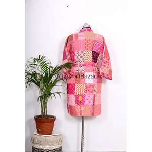 Bata corta de algodón 100% hecha a mano con estampado floral Kantha, cuello en V, manga larga, cierre con cordón, transpirable y suave para mujer - Product Image 6