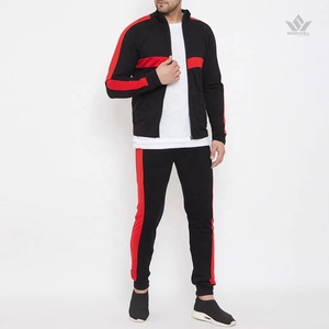 Ensemble de survêtement à capuche pour homme, rouge et noir, blocs de couleur, fermeture éclair intégrale, manches longues, coupe classique, vêtements de sport avec poches latérales, décontracté, printemps - Product Image 5