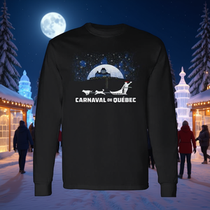 Camiseta de Manga Larga Carnaval de Quebec, Diseño Festivo de Invierno, Muñeco de Nieve, Perro y Trineo, Unisex, Cuello Redondo, para Adultos, Promocional - Product Image 3