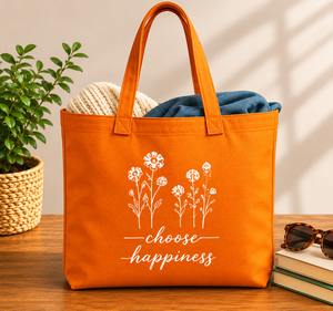Bolsa de Tela con Diseño Floral 'Choose Happiness', Color Naranja, Estilo Minimalista, para Todas las Temporadas - Product Image 1
