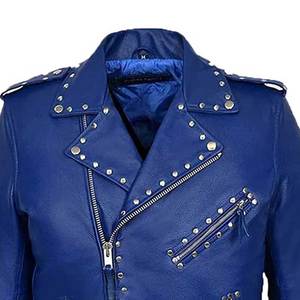 Blouson en cuir PU bleu unisexe, style motard, respirant, avec fermeture éclair, logo personnalisé, col en V, style streetwear, doublure en coton, pour l'automne - Product Image 4