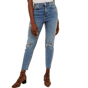Jeans ajustados de cintura media, transpirables, ecológicos, rasgados, de mezclilla azul desgastada, de largo completo, talla grande, casuales, de pierna recta para mujer - Product Image 3