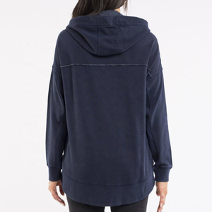 <b>Women's</b> <b>Navy</b> Blue Hooded Sweatshirt Long Sleeve Casual Asymmetric Hem Knitted Cotton Pullover Hoodie Autumn Wear - Product Image 3