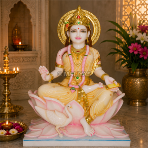 Marble Gayatri Mata Murti with Swan | Seated White Marble Goddess Statue | MALIYAS Jaipur - Product Image 1