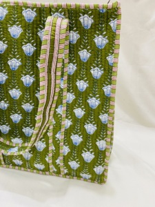 Green Floral Quilted 100% Cotton Tote <b>Bag</b> with Zipper Closure Long Handle <b>Medium</b> <b>Size</b> for Groceries From Rajasthan - Product Image 4