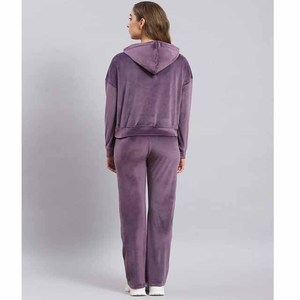 <b>Women</b> <b>Purple</b> Velvet <b>Tracksuit</b> Hooded Full Sleeve Casual Loose Fit With Letter Print Drawstring Waist Side Pockets Autumn Wear - Product Image 4