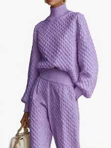 Women Lavender Knit Two Piece <b>Set</b> Turtleneck <b>Top</b> <b>Long</b> Pants Winter Outfit - Product Image 1