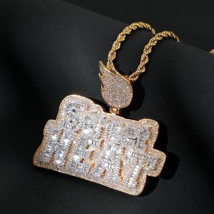 ICEQ JEWELLERY Iced Out Gold Plated Moissanite Pendant with Baguette Cut Letters and Flame Charm Hiphop Style Unisex Jewelry - Product Image 2