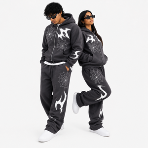 Wholesale Graphic 2PC Tracksuit Set <b>Full</b> <b>Zip</b> <b>Hoodie</b> Matching Sweatpants Cotton Fleece Custom Print Unisex Streetwear - Product Image 1