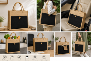 Jute Shopping <b>Bag</b> <b>Medium</b> <b>Size</b> Button Closure Hand Carry Daily Use Black Panel Design - Product Image 4