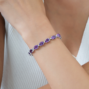 Handmade 925 Sterling Silver Natural Oval Cut <b>Amethyst</b> & Round Diamond Tennis <b>Bracelet</b> For Women's - Product Image 2