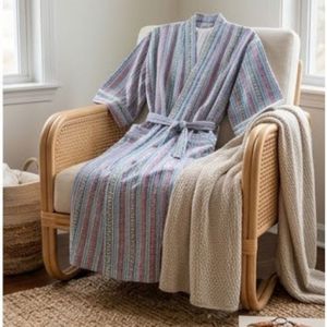 Robe mi-longue rayée pour femme, col mandarin, manches courtes, en coton tissé et fibre de bambou, douce, décontractée, printemps, fermeture à cordon - Product Image 4