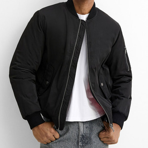Blouson bomber noir pour homme, couleur unie, fermeture éclair, vêtement décontracté pour l'automne, coupe-vent, rembourrage en polyester, coupe régulière - Product Image 1