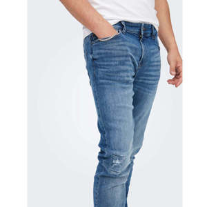 HAMIO SPORTS Jean en denim délavé coupe droite taille basse pour homme, en coton bleu, idéal pour l'automne - Product Image 1