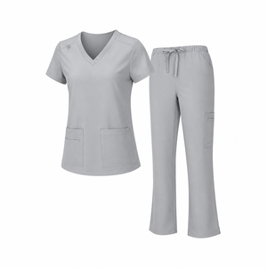 Light Grey Medical Scrub Set <b>Womens</b> V Neck Short Sleeve Pocket Top Drawstring <b>Trousers</b> Nursing Uniform Hospital Clinic <b>Workwear</b> - Product Image 1