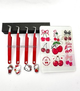 Pince à épiler à pointe en fibre pour extensions de cils, revêtement en poudre rouge à 90 degrés, avec porte-clés Hello Kitty rouge, logo personnalisé, instruments de beauté - Product Image 3