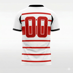 Maillot de football pour homme à col en V, blanc et rayé rouge, manches courtes, respirant, en polyester, pour adultes, toutes saisons - Product Image 2