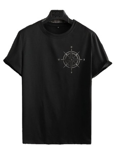 Camiseta de cuello redondo de punto de algodón 100% de alta calidad azul Melange negro contraste Trim logotipo impreso personalizado ecológico Casual hombres - Product Image 2