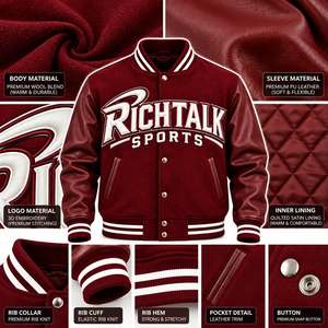 Chaqueta Varsity Marrón para Hombre, con Mangas de Cuero PU, Logotipo Bordado, Cuello Camisero, Corte Regular, Estilo Otoñal - Product Image 6