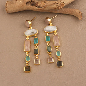 Multi Gemstone Statement <b>Earrings</b> Gold Plated Tiered <b>Dangle</b> <b>Earrings</b> Pink Aqua <b>Black</b> Jewelry - Product Image 4