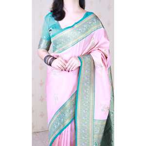 ผ้าไหมสีชมพูอ่อน บาเนราสี ปักลายยูงทอง น้ำหนัก 650 กรัม ผ้าทอคุณภาพสูง เสื้อผ้าอินเดียและปากีสถาน - Product Image 4