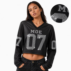 Maillot de football américain unisexe noir en maille à manches trois quarts, personnalisé avec strass thermocollés, col en V ample, motif drapeau, grande taille, scintillant - Product Image 4