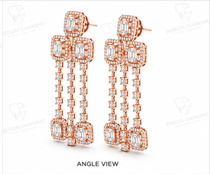 Elegantes pendientes de lujo con borlas, elaborados en oro rosa de 18K de primera calidad, con diamantes de corte esmeralda rodeados por un halo de micro pavé. - Product Image 4