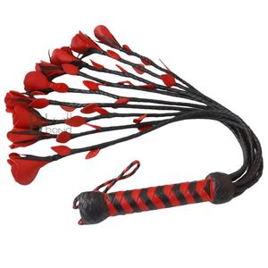 Handmade Leather Flogger With Thick Handle And Wrist Strap Red Black Striped Design - Product Image 5