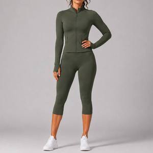 Custom Logo Women's 2 Piece <b>Set</b> Full Zip Long Sleeve Jacket with Pockets Holes High Waist Leggings OEM Tracksuit - Product Image 5