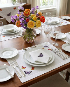 Custom Embroidery Pretty Butterfly Luxury Square Placemat Napkin Set Hemstitch Mats Machine Washable White Cotton <b>Table</b> Mat - Product Image 4