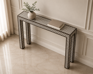 Table console moderne de luxe avec incrustations en os, plateau en métal et rangement pour entrée, salon, chambre à coucher - Product Image 4
