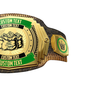 Cinturón de Campeonato Personalizable con Bolsas para Dinero, Placa Dorada y Detalles Verdes para Premios y Reconocimientos Personalizados - Product Image 4