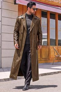 <b>Men</b> Genuine Leather <b>Long</b> Trench <b>Coat</b> Double Breasted Notched Lapel Overcoat With Pockets Regular Fit - Product Image 4