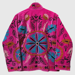 Veste en velours rose brodée à la main avec col mandarin, manches longues, taille plus, style chic prairie, pour le printemps - Product Image 2